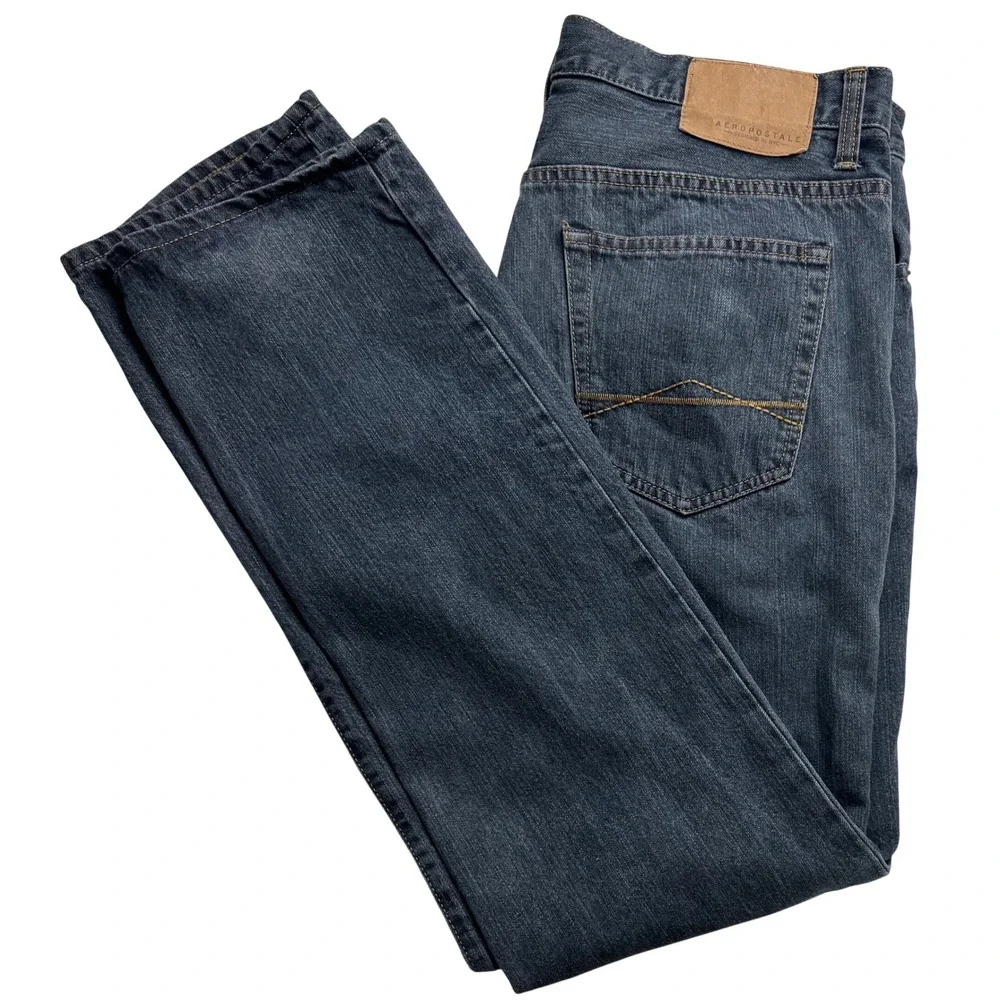 Aeropostale Mens Slim Straight Jeans Dark Wash Blue Button Fly 32x34 Denim